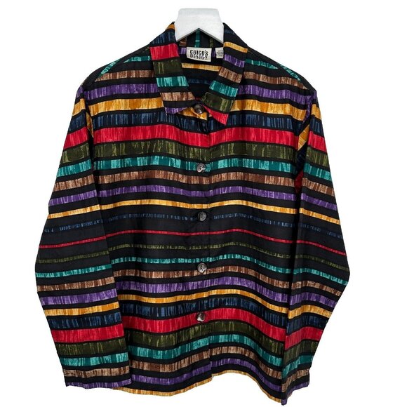 Vintage Chicos Design 100% Silk Top Shirt Shacket Size 1 US M 8 Patchwork Button - Picture 1 of 12